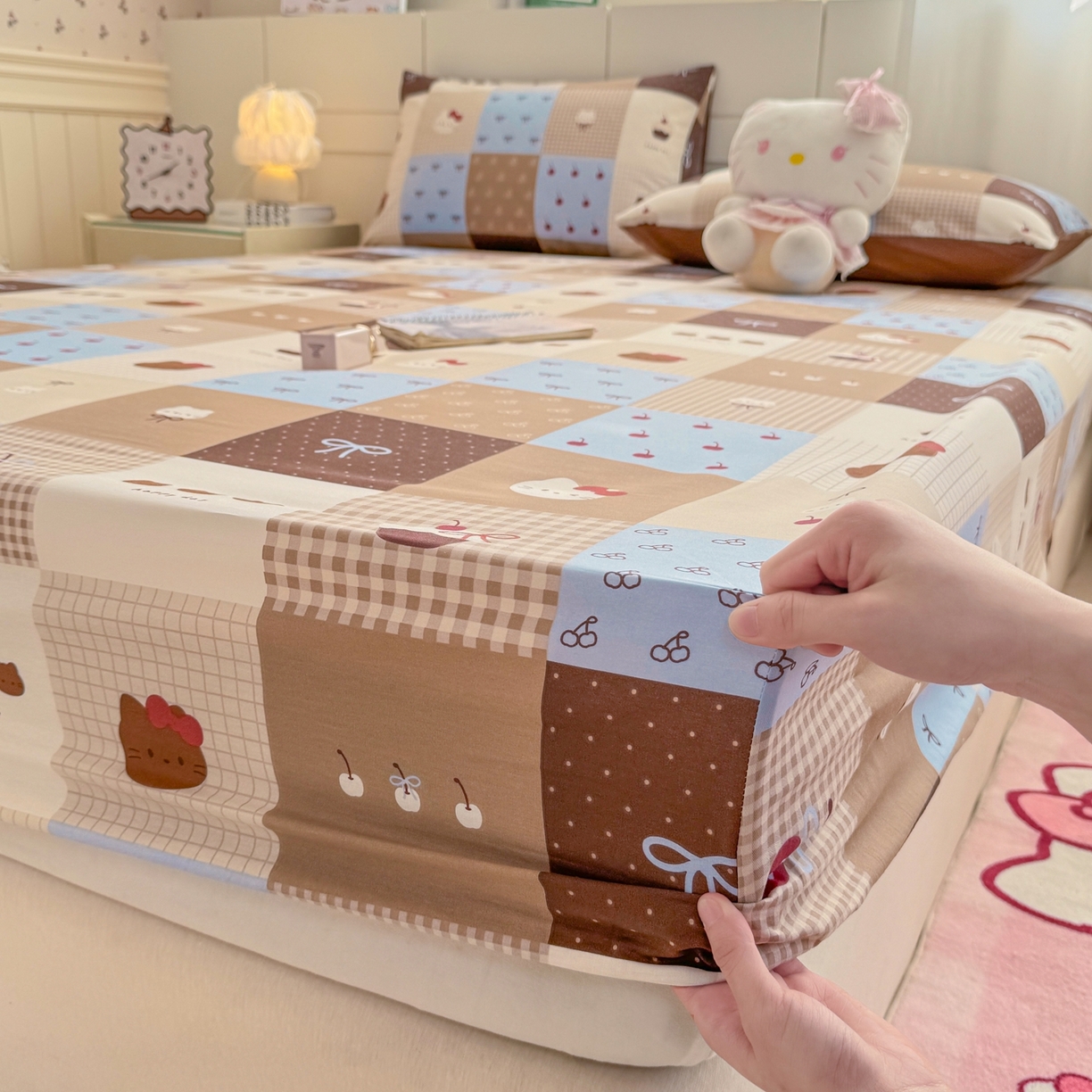 91家纺网 家纺一手货源 找家纺 博雅 2025新款全棉床笠小卡通印花床笠 咖格蛋糕猫