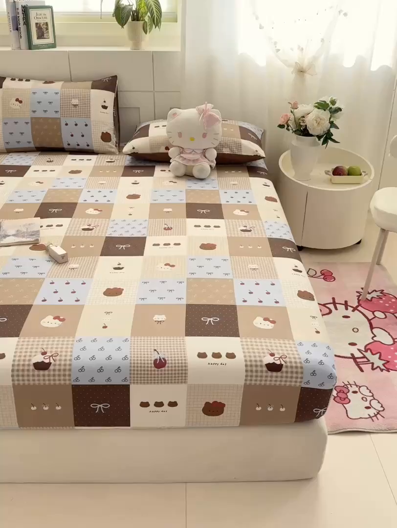 91家纺网 家纺一手货源 找家纺 博雅 2025新款全棉床笠小卡通印花床笠 咖格蛋糕猫