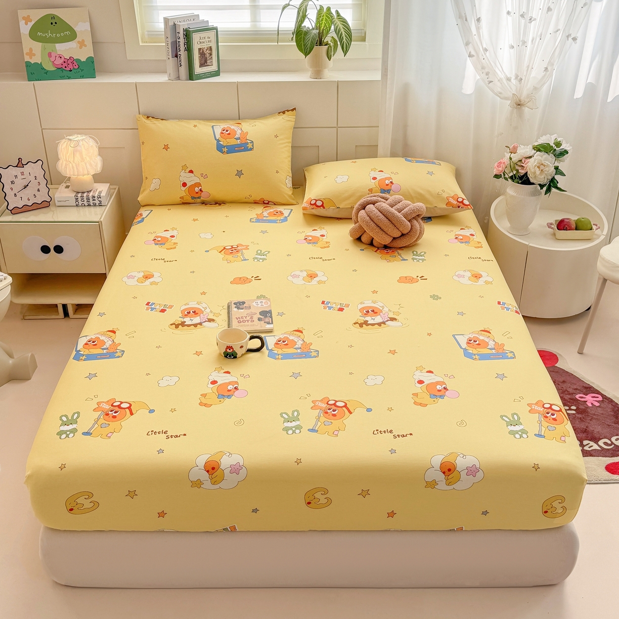 91家纺网 家纺一手货源 找家纺 博雅 2025新款全棉床笠小卡通印花床笠 可爱星星人