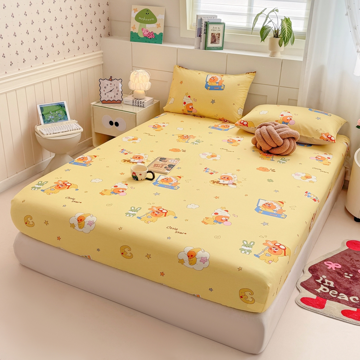 91家纺网 家纺一手货源 找家纺 博雅 2025新款全棉床笠小卡通印花床笠 可爱星星人