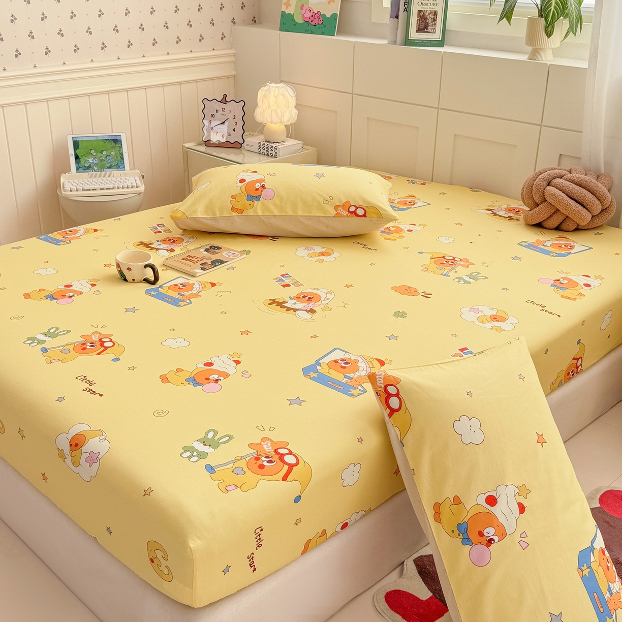 91家纺网 家纺一手货源 找家纺 博雅 2025新款全棉床笠小卡通印花床笠 可爱星星人