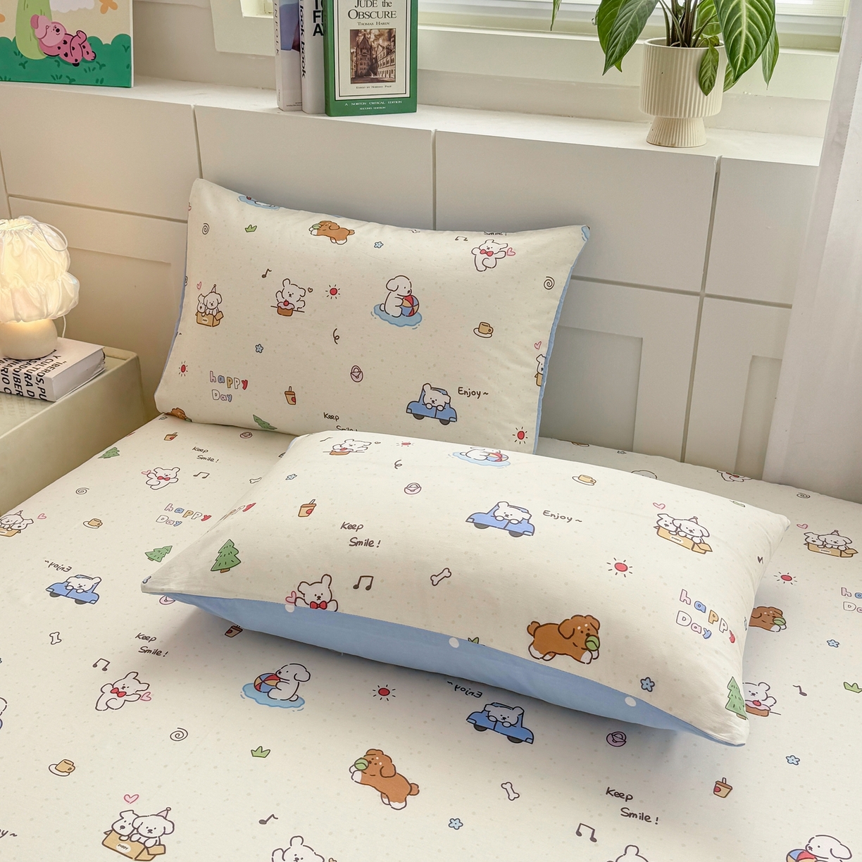 91家纺网 家纺一手货源 找家纺 博雅 2025新款全棉床笠小卡通印花床笠 快乐汪星人