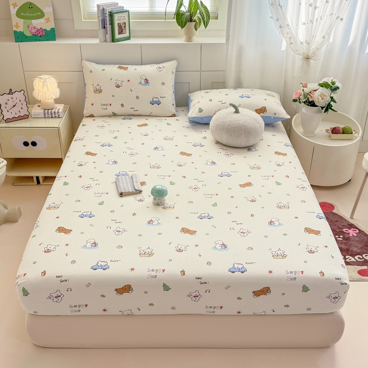 91家纺网 家纺一手货源 找家纺 博雅 2025新款全棉床笠小卡通印花床笠 快乐汪星人