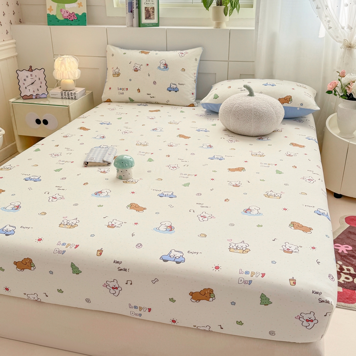 91家纺网 家纺一手货源 找家纺 博雅 2025新款全棉床笠小卡通印花床笠 快乐汪星人