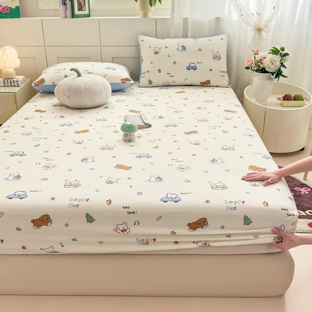 91家纺网 家纺一手货源 找家纺 博雅 2025新款全棉床笠小卡通印花床笠 快乐汪星人