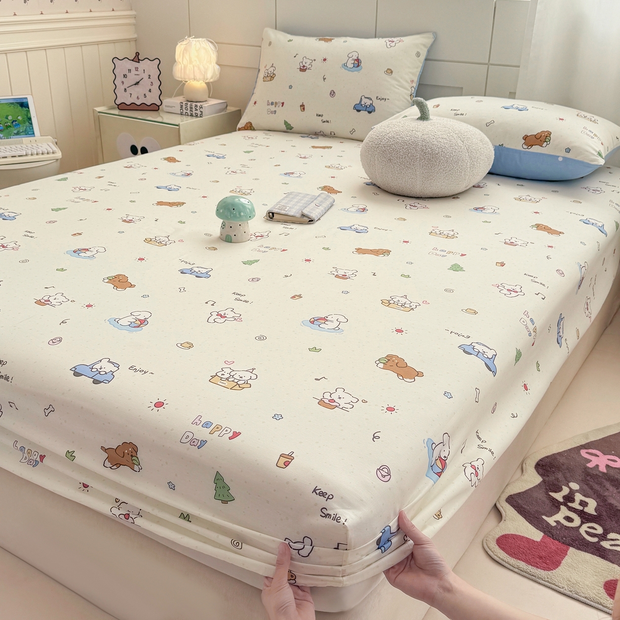 91家纺网 家纺一手货源 找家纺 博雅 2025新款全棉床笠小卡通印花床笠 快乐汪星人