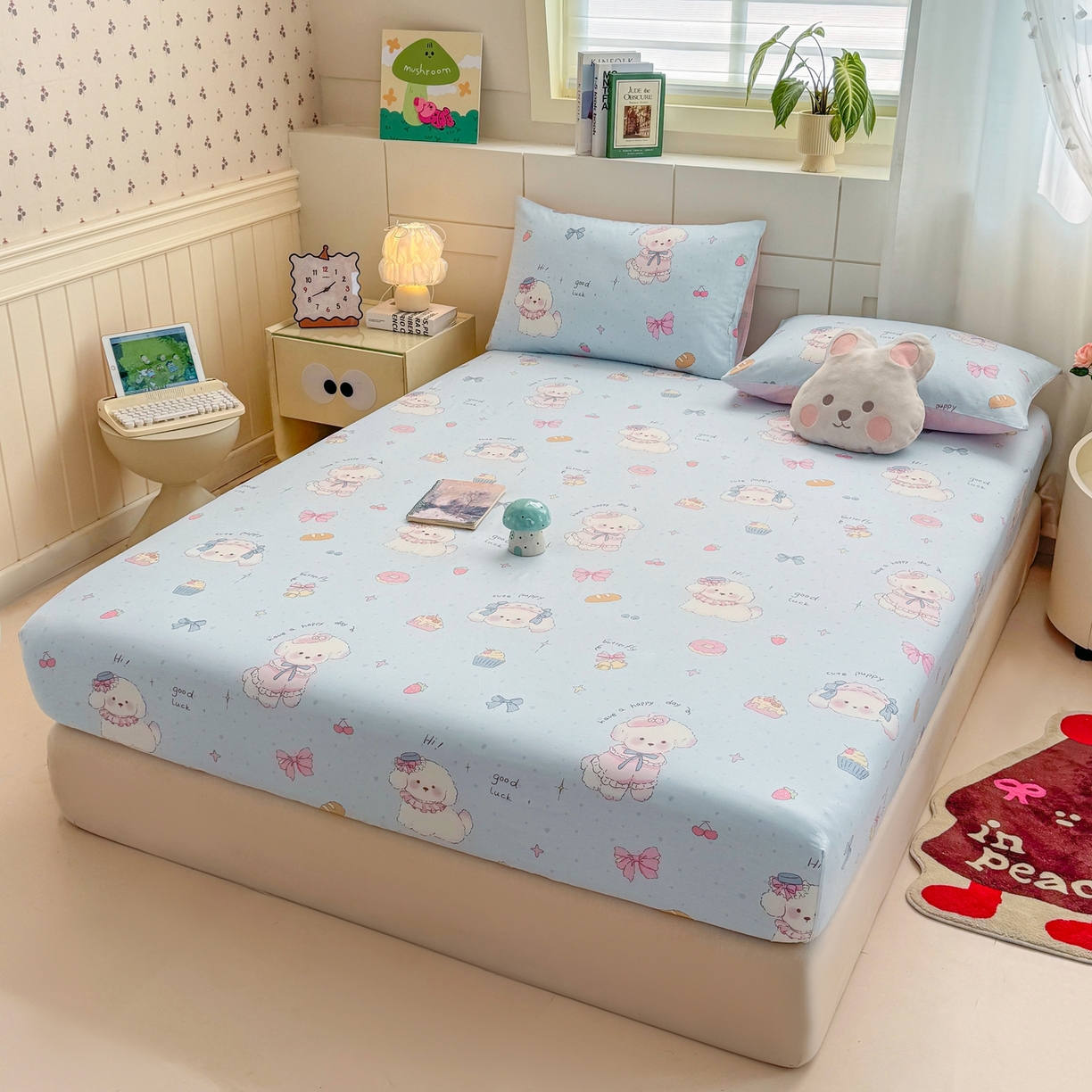 91家纺网 家纺一手货源 找家纺 博雅 2025新款全棉床笠小卡通印花床笠 帽子甜心狗