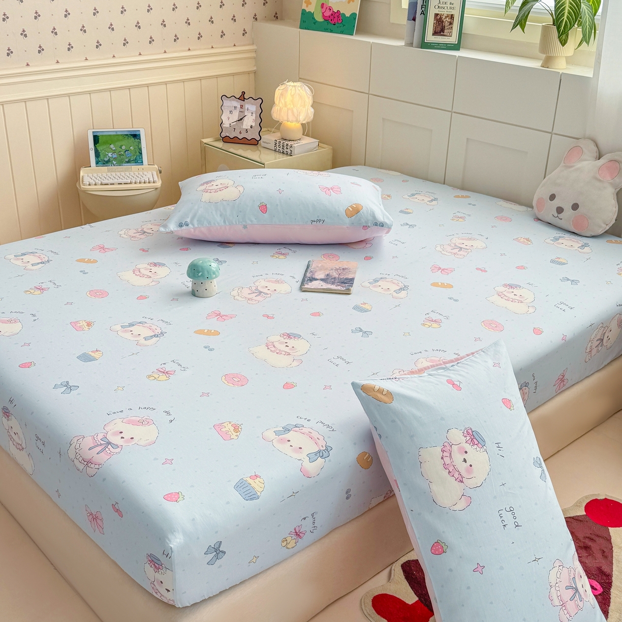 91家纺网 家纺一手货源 找家纺 博雅 2025新款全棉床笠小卡通印花床笠 帽子甜心狗