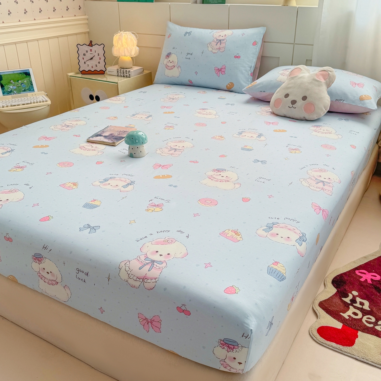 91家纺网 家纺一手货源 找家纺 博雅 2025新款全棉床笠小卡通印花床笠 帽子甜心狗