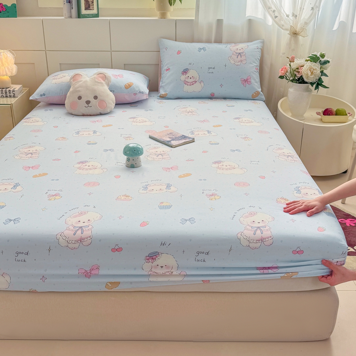 91家纺网 家纺一手货源 找家纺 博雅 2025新款全棉床笠小卡通印花床笠 帽子甜心狗