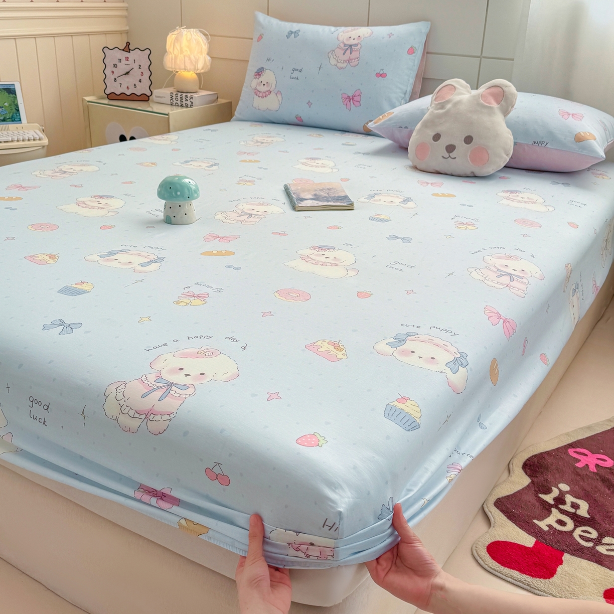 91家纺网 家纺一手货源 找家纺 博雅 2025新款全棉床笠小卡通印花床笠 帽子甜心狗