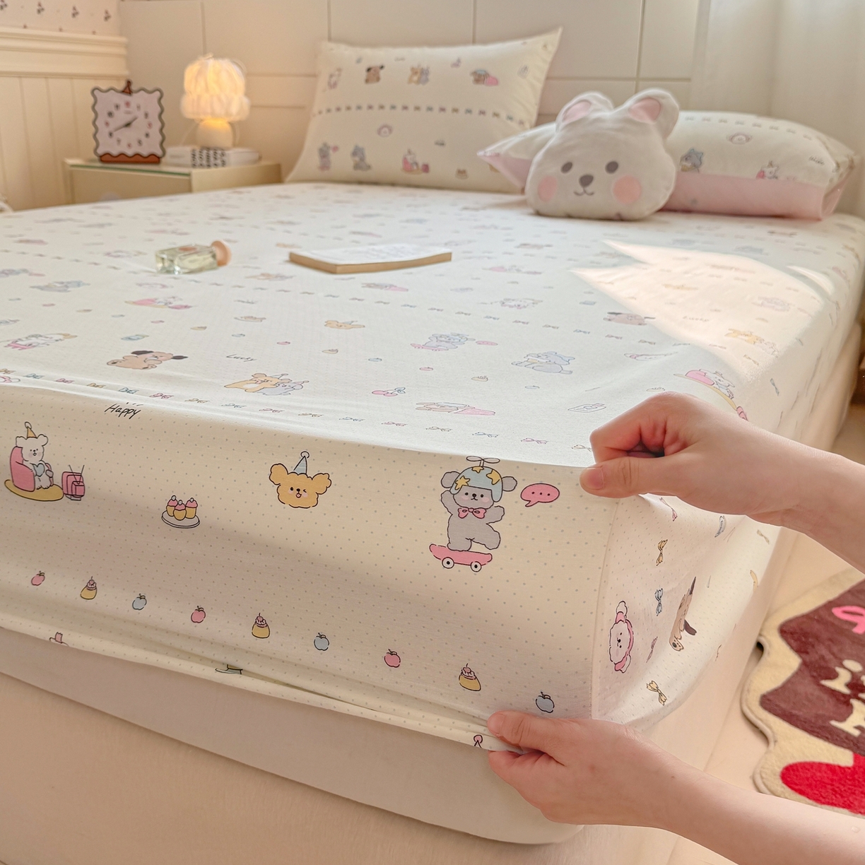 91家纺网 家纺一手货源 找家纺 博雅 2025新款全棉床笠小卡通印花床笠 萌宠日记