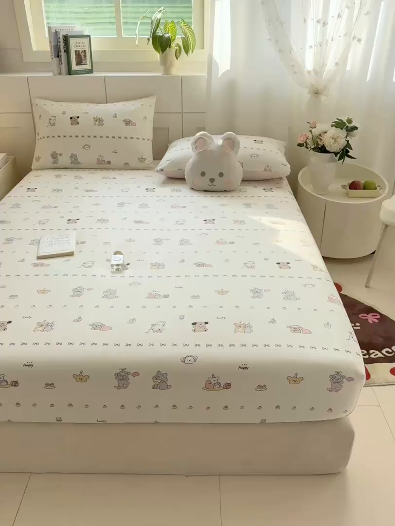 91家纺网 家纺一手货源 找家纺 博雅 2025新款全棉床笠小卡通印花床笠 萌宠日记