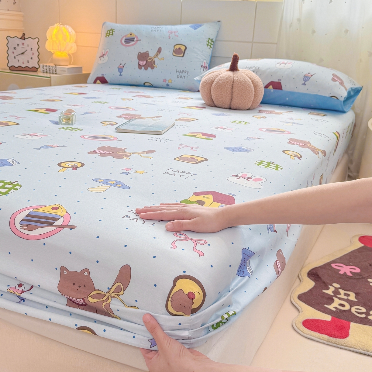 91家纺网 家纺一手货源 找家纺 博雅 2025新款全棉床笠小卡通印花床笠 甜品屋