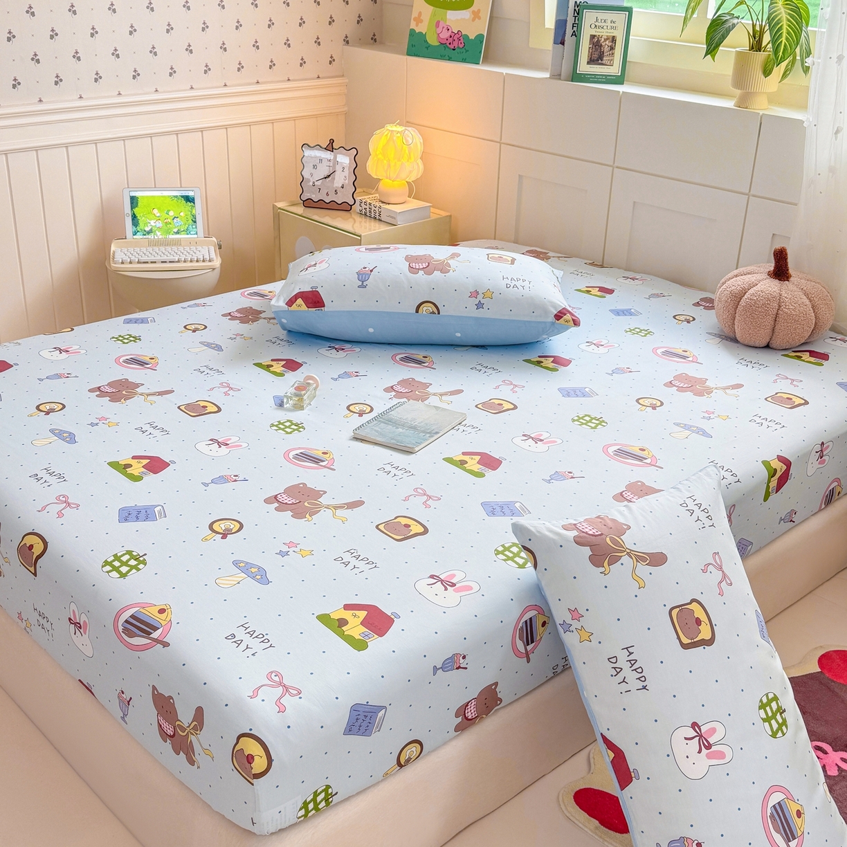 91家纺网 家纺一手货源 找家纺 博雅 2025新款全棉床笠小卡通印花床笠 甜品屋