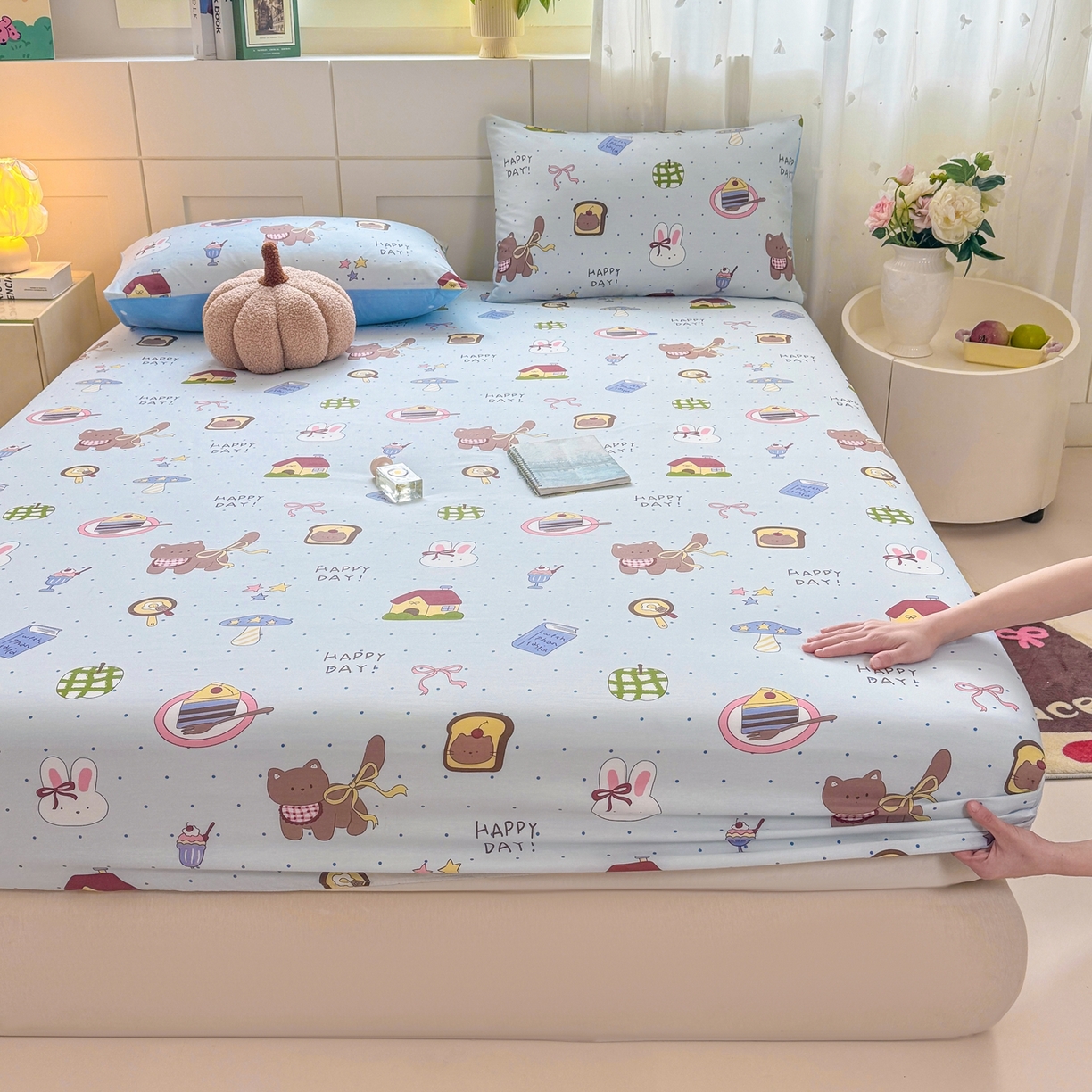 91家纺网 家纺一手货源 找家纺 博雅 2025新款全棉床笠小卡通印花床笠 甜品屋