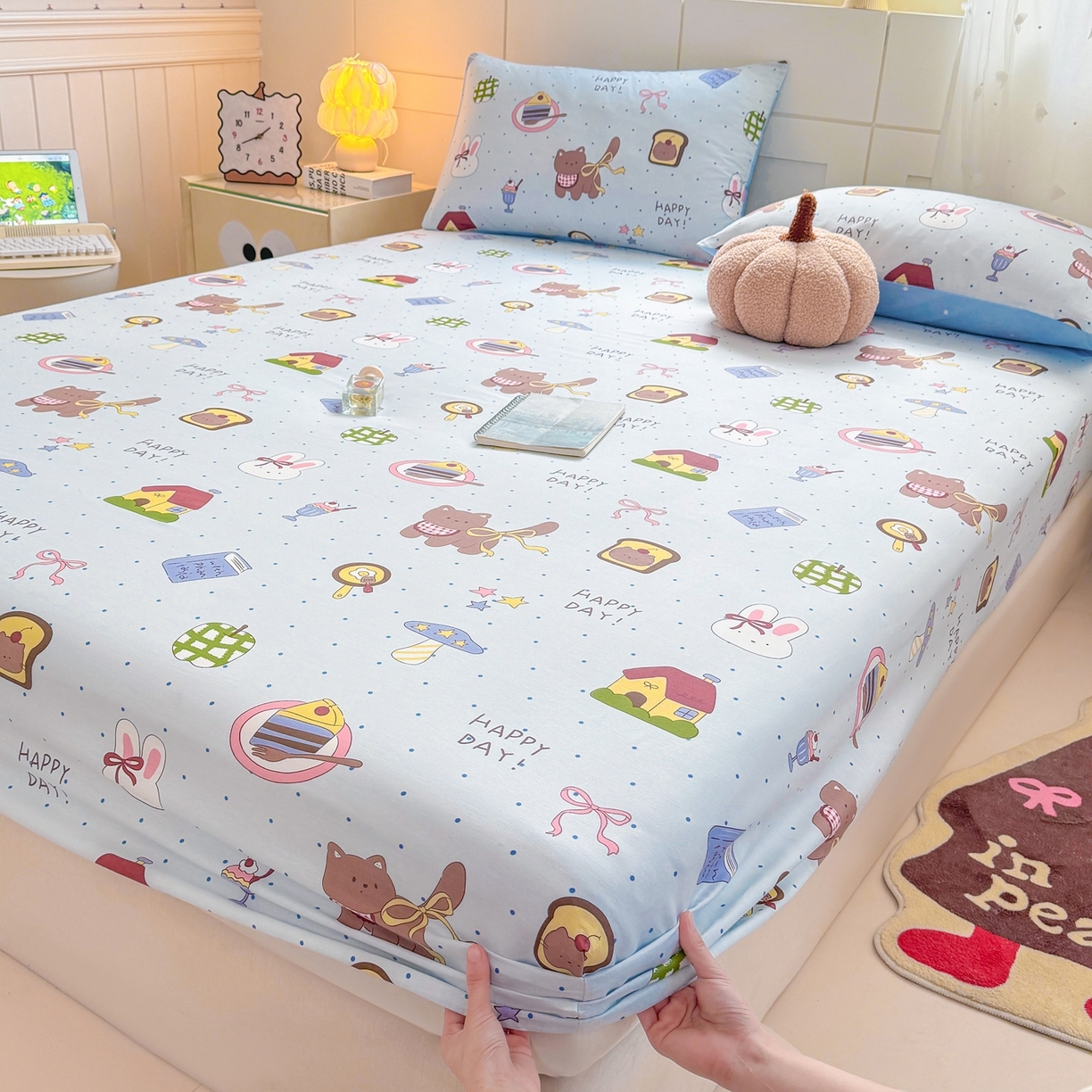 91家纺网 家纺一手货源 找家纺 博雅 2025新款全棉床笠小卡通印花床笠 甜品屋