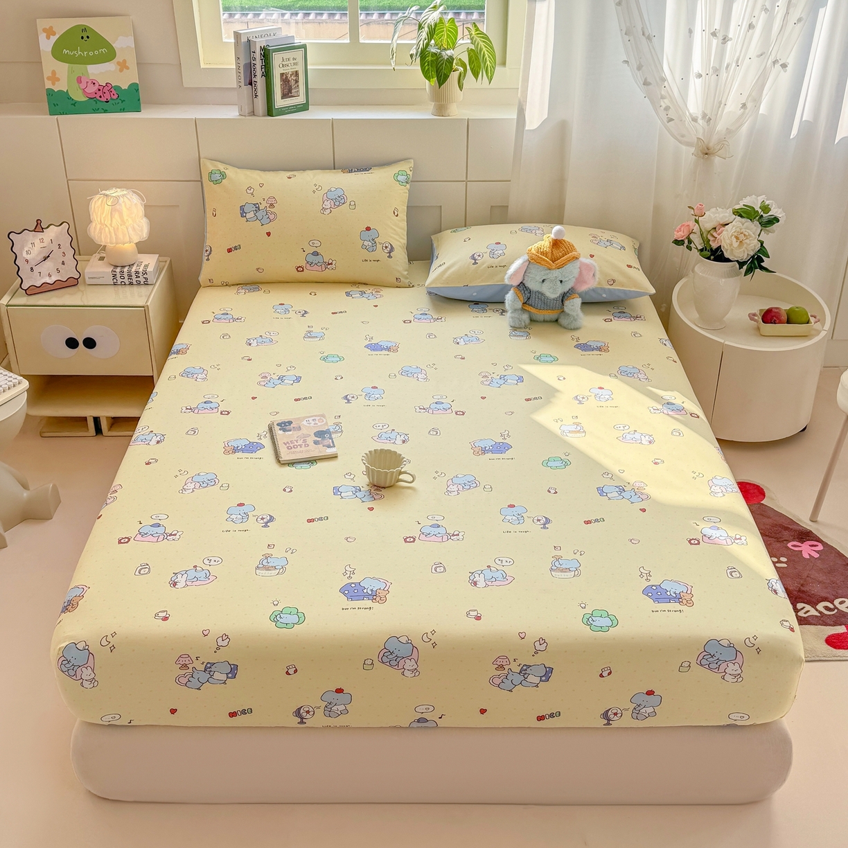 91家纺网 家纺一手货源 找家纺 博雅 2025新款全棉床笠小卡通印花床笠 晚安小象