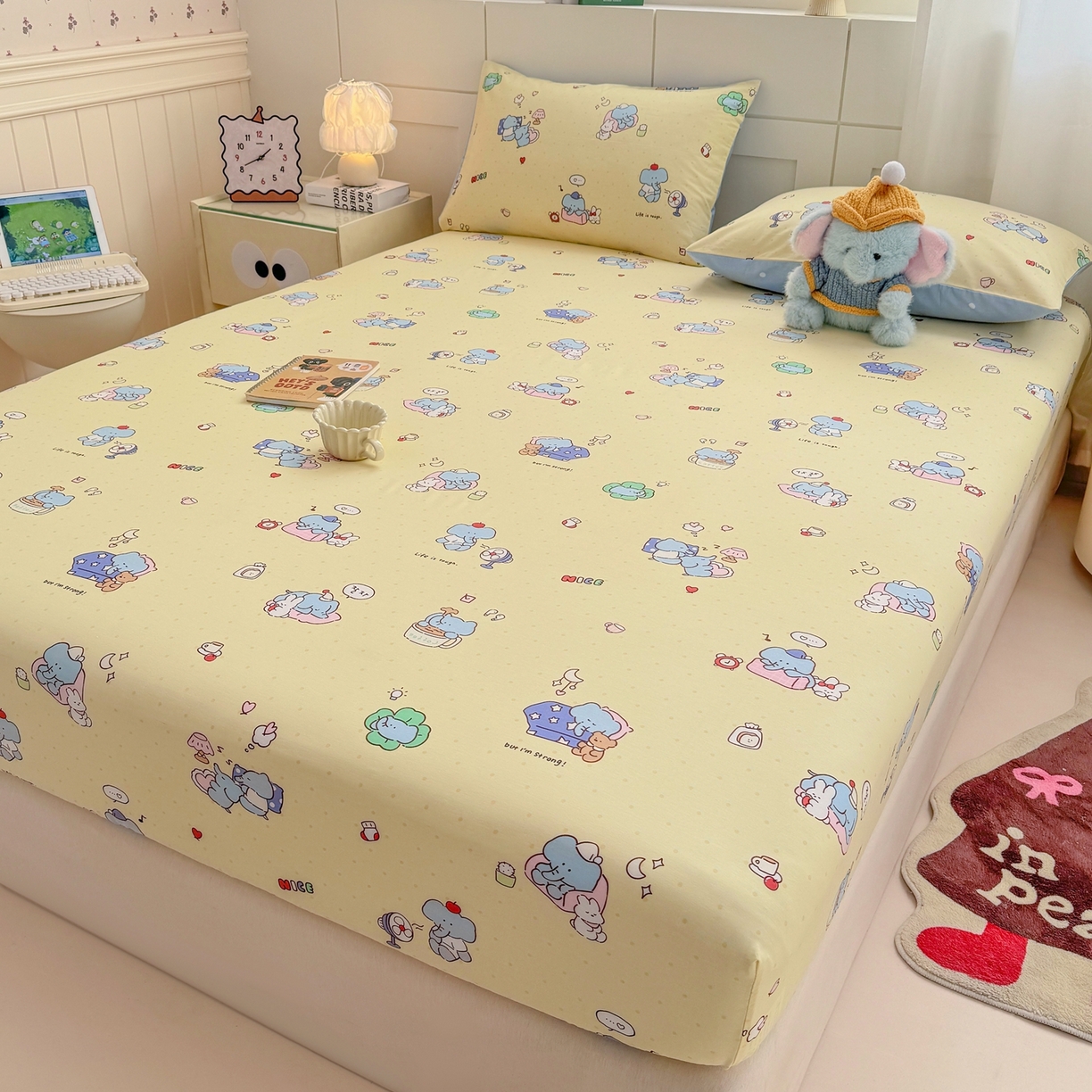 91家纺网 家纺一手货源 找家纺 博雅 2025新款全棉床笠小卡通印花床笠 晚安小象