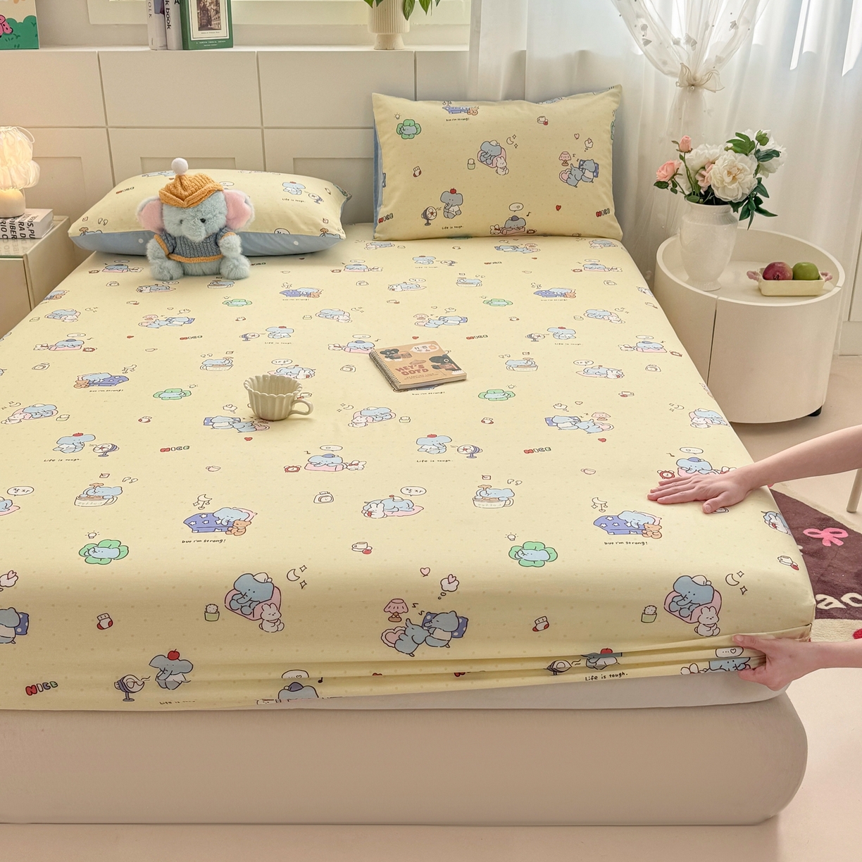 91家纺网 家纺一手货源 找家纺 博雅 2025新款全棉床笠小卡通印花床笠 晚安小象