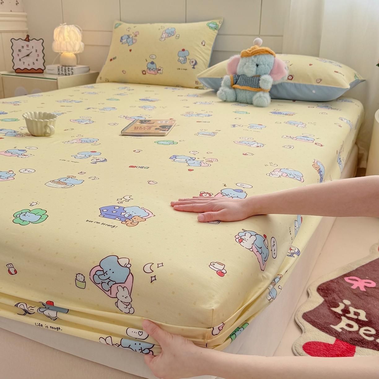 91家纺网 家纺一手货源 找家纺 博雅 2025新款全棉床笠小卡通印花床笠 晚安小象