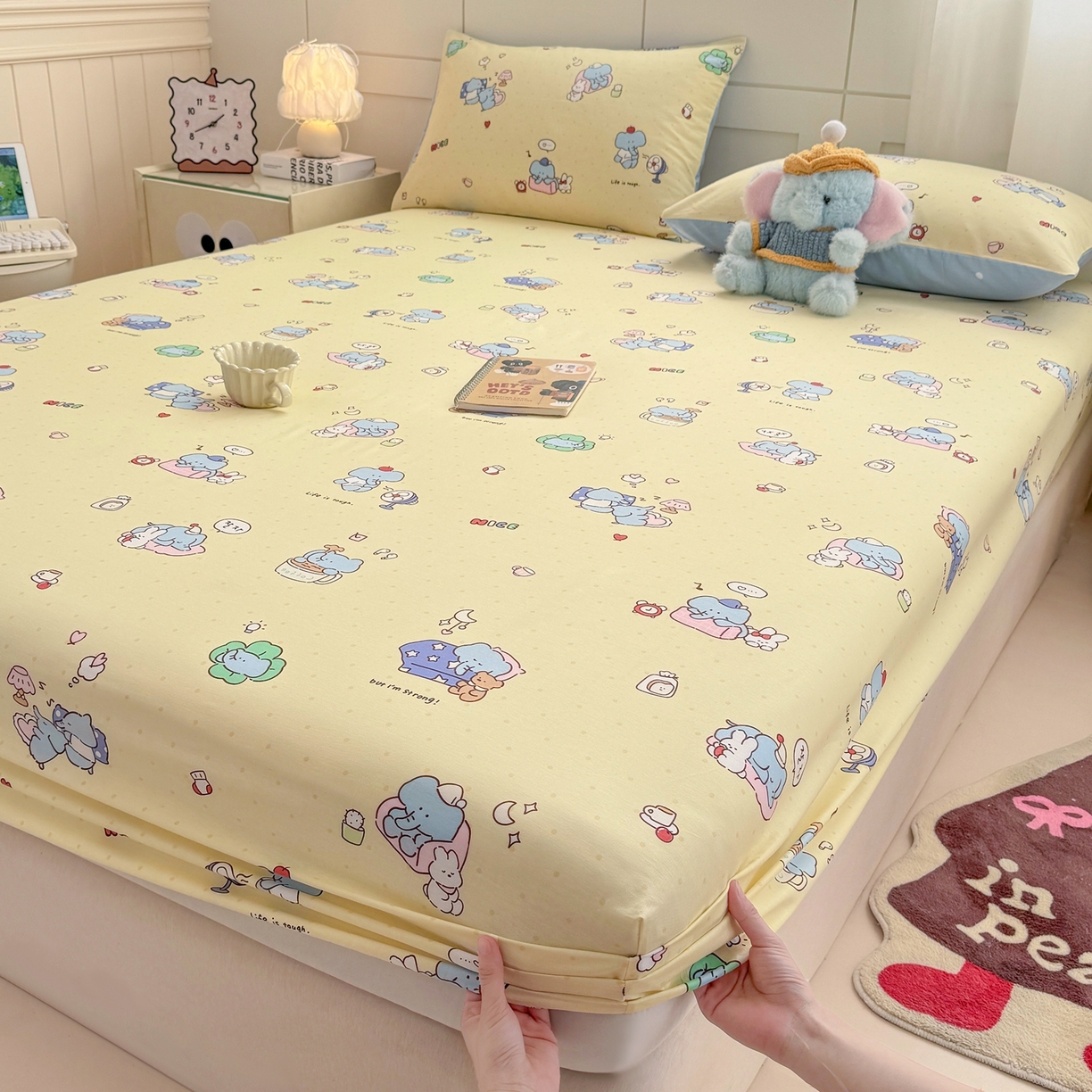 91家纺网 家纺一手货源 找家纺 博雅 2025新款全棉床笠小卡通印花床笠 晚安小象