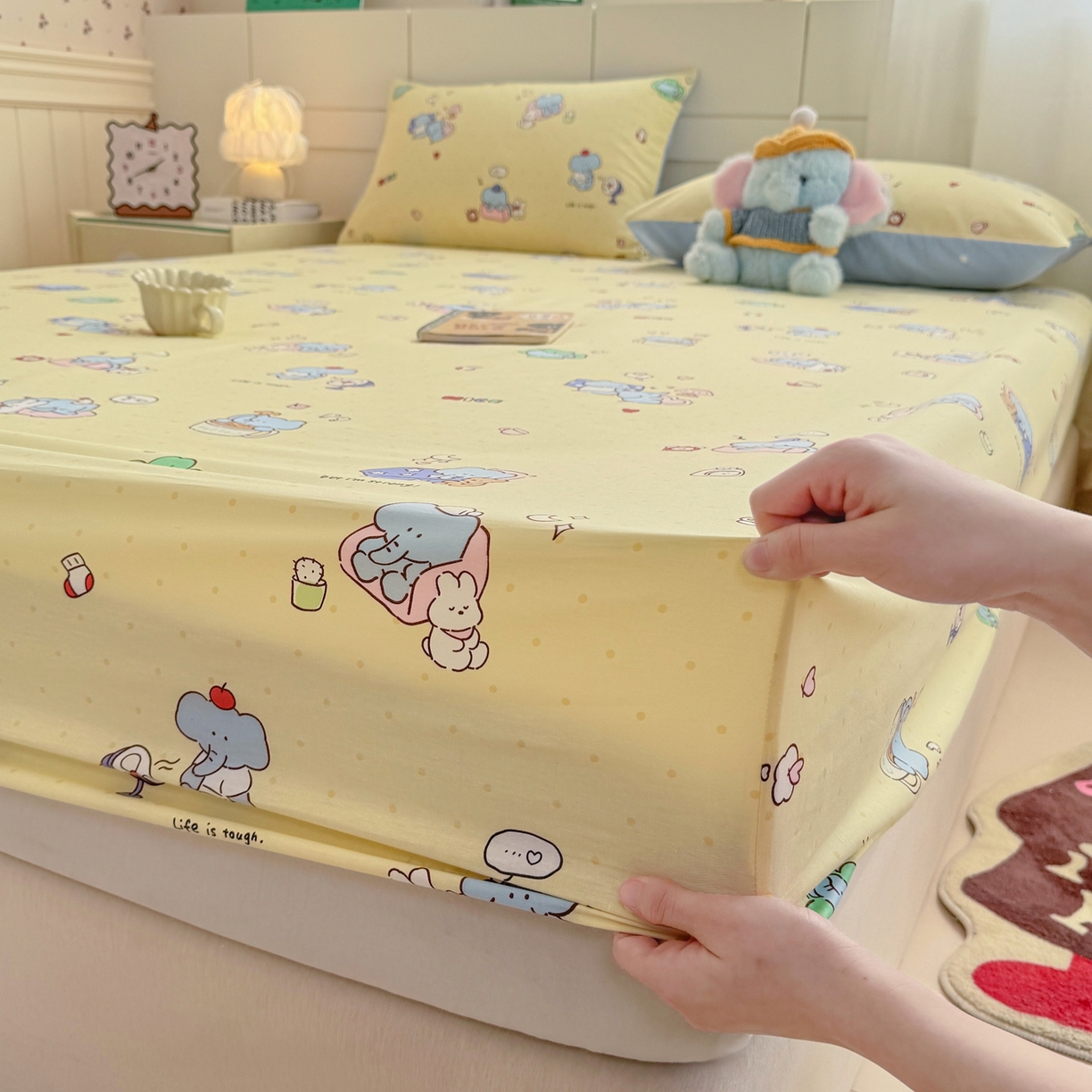 91家纺网 家纺一手货源 找家纺 博雅 2025新款全棉床笠小卡通印花床笠 晚安小象