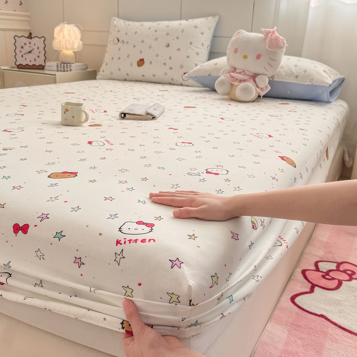 91家纺网 家纺一手货源 找家纺 博雅 2025新款全棉床笠小卡通印花床笠 星星蝴蝶结猫