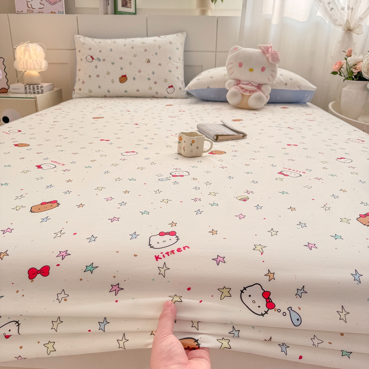 91家纺网 家纺一手货源 找家纺 博雅 2025新款全棉床笠小卡通印花床笠 星星蝴蝶结猫