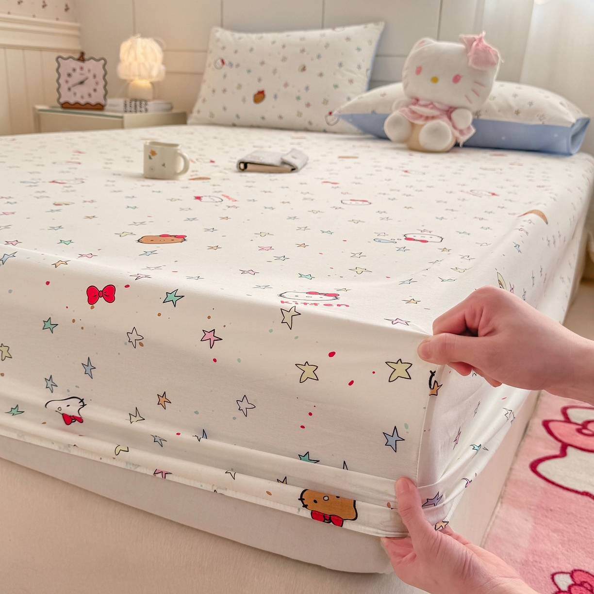 91家纺网 家纺一手货源 找家纺 博雅 2025新款全棉床笠小卡通印花床笠 星星蝴蝶结猫