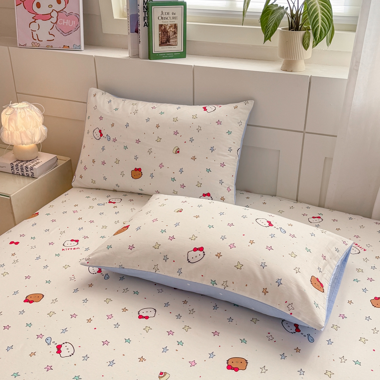 91家纺网 家纺一手货源 找家纺 博雅 2025新款全棉床笠小卡通印花床笠 星星蝴蝶结猫