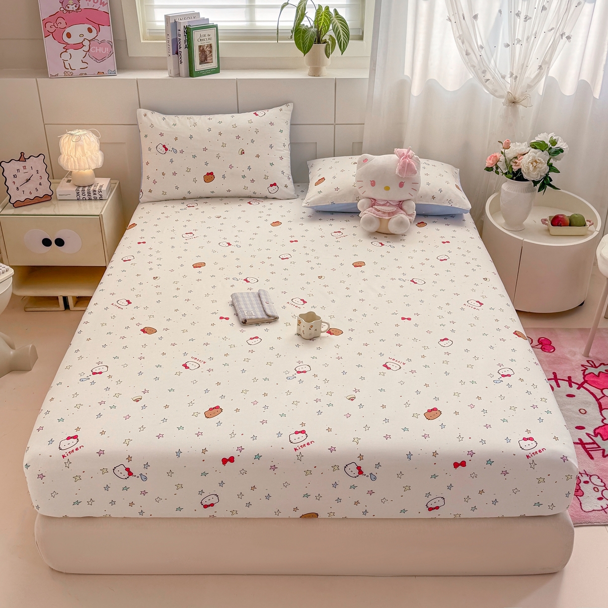 91家纺网 家纺一手货源 找家纺 博雅 2025新款全棉床笠小卡通印花床笠 星星蝴蝶结猫