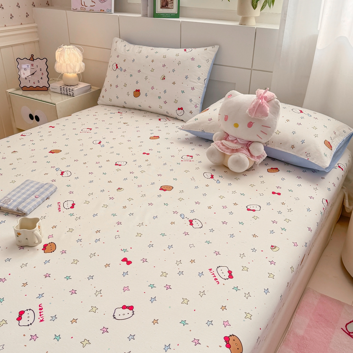 91家纺网 家纺一手货源 找家纺 博雅 2025新款全棉床笠小卡通印花床笠 星星蝴蝶结猫