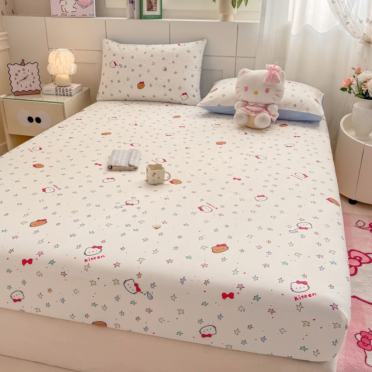 91家纺网 家纺一手货源 找家纺 博雅 2025新款全棉床笠小卡通印花床笠 星星蝴蝶结猫