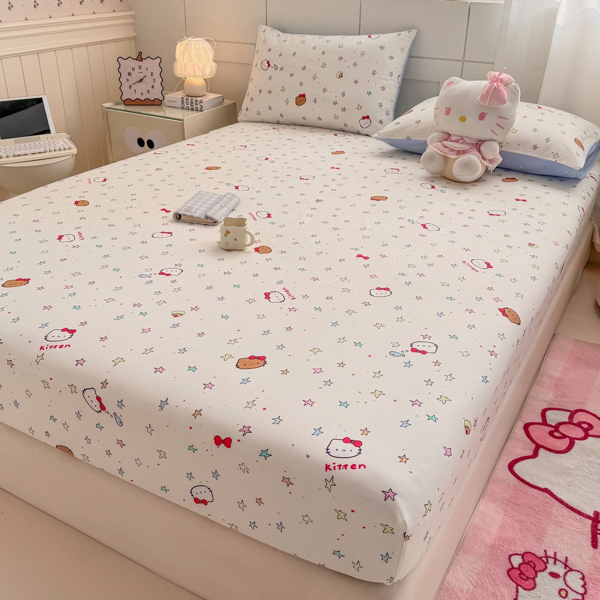 91家纺网 家纺一手货源 找家纺 博雅 2025新款全棉床笠小卡通印花床笠 星星蝴蝶结猫