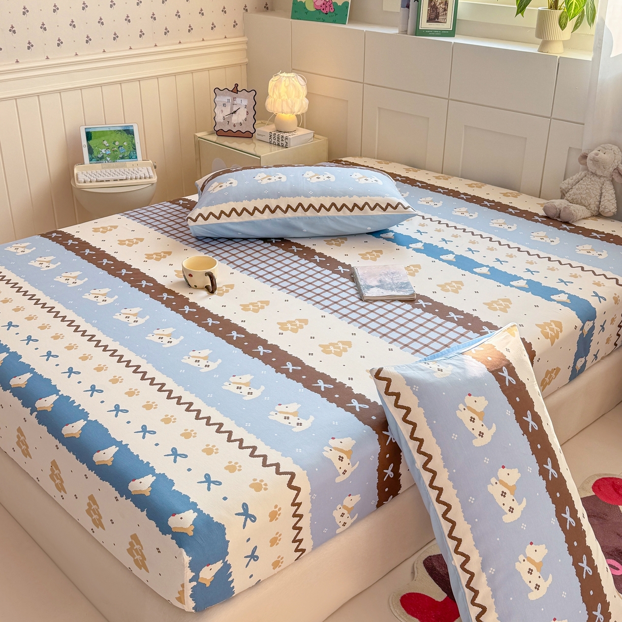 91家纺网 家纺一手货源 找家纺 博雅 2025新款全棉床笠小卡通印花床笠 雪地小狗