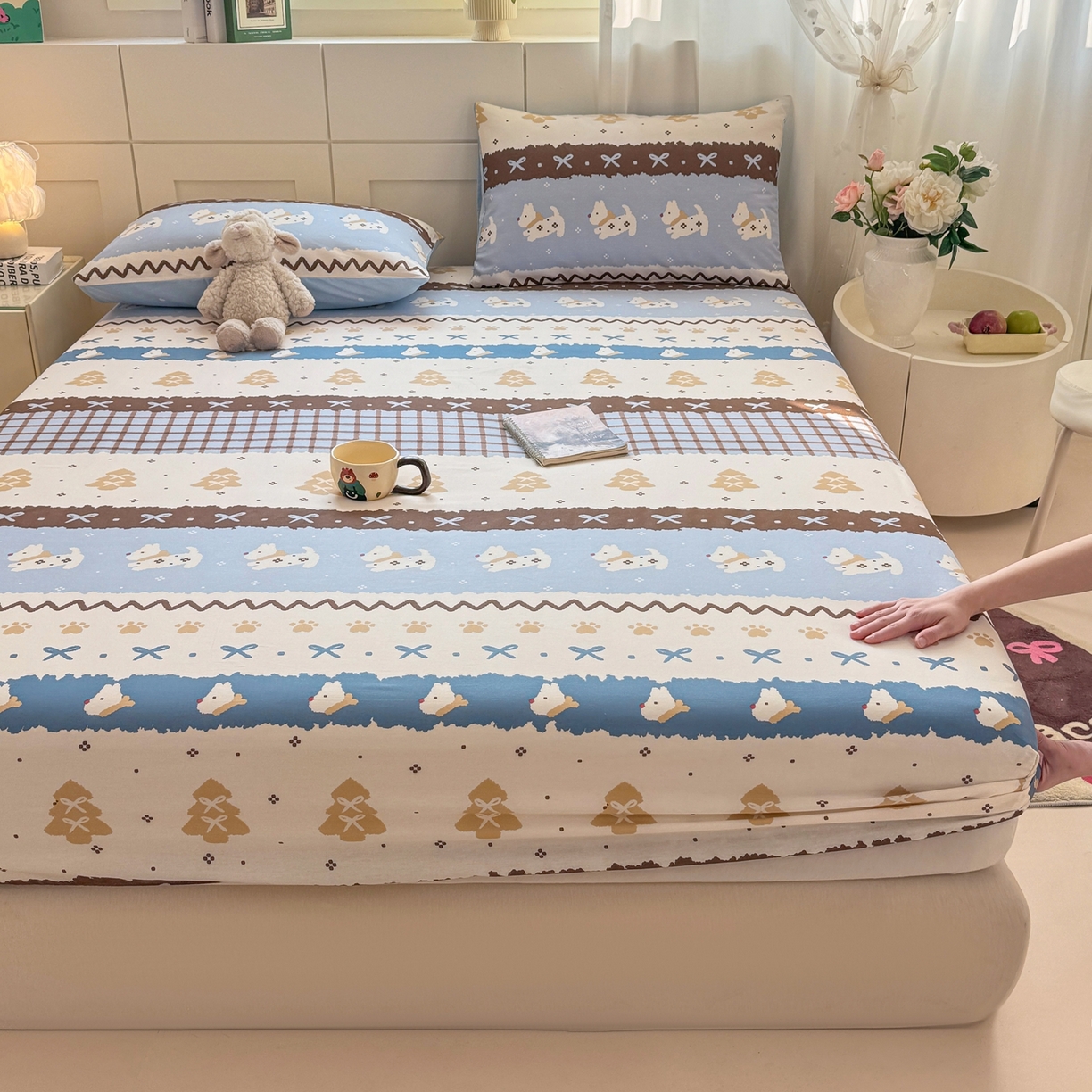 91家纺网 家纺一手货源 找家纺 博雅 2025新款全棉床笠小卡通印花床笠 雪地小狗