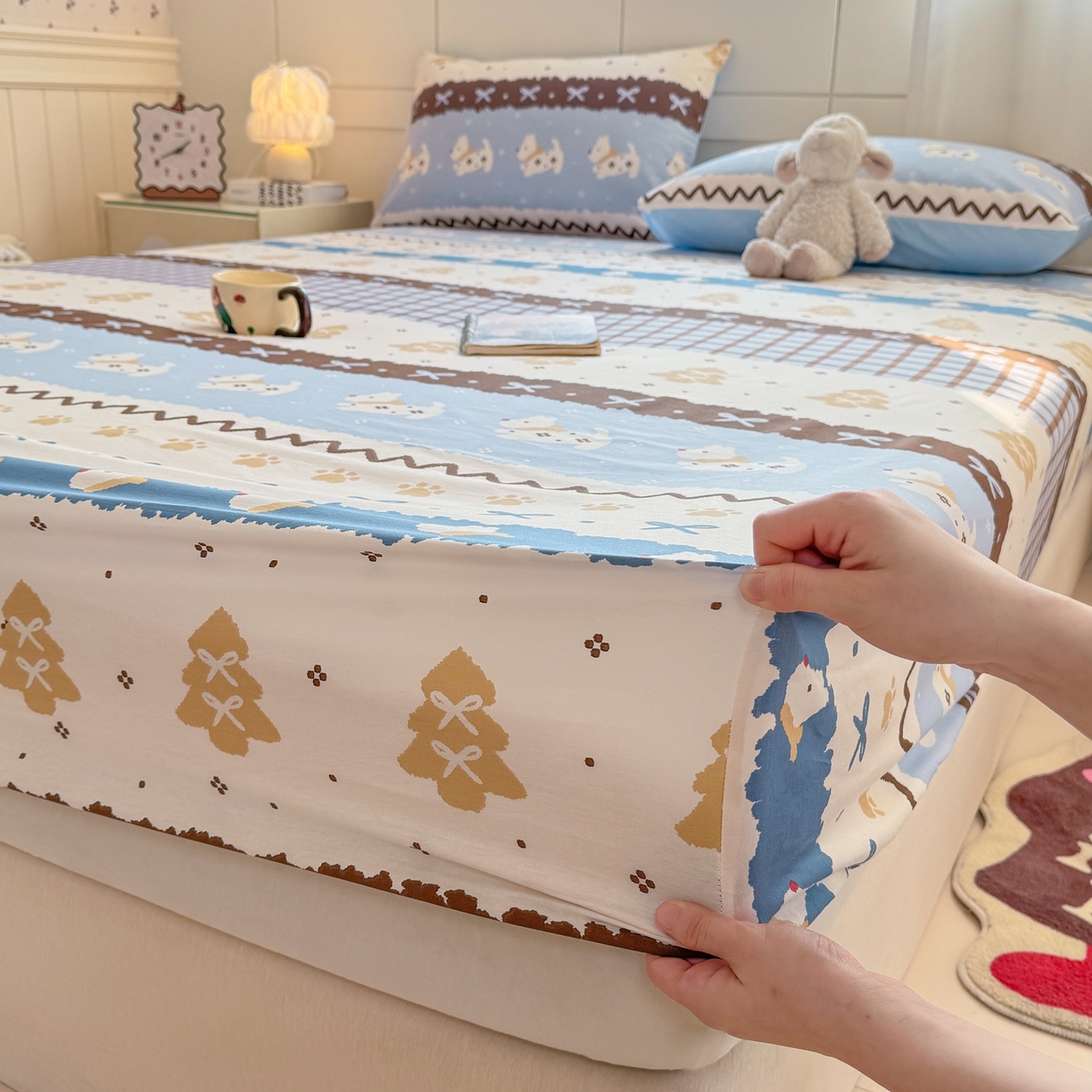 91家纺网 家纺一手货源 找家纺 博雅 2025新款全棉床笠小卡通印花床笠 雪地小狗