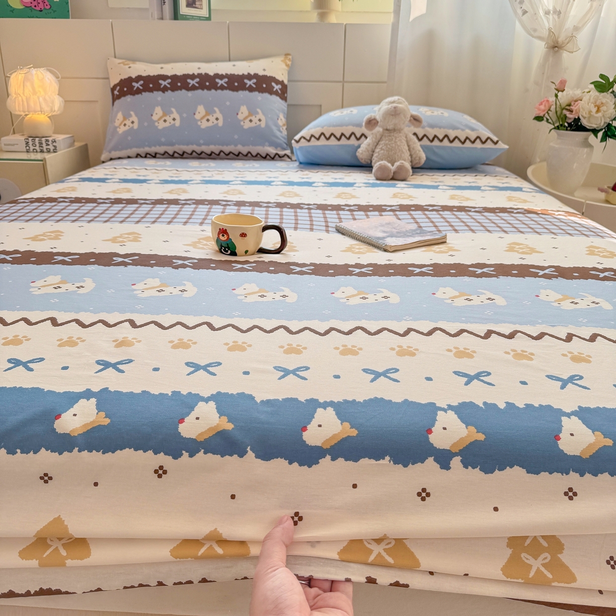 91家纺网 家纺一手货源 找家纺 博雅 2025新款全棉床笠小卡通印花床笠 雪地小狗