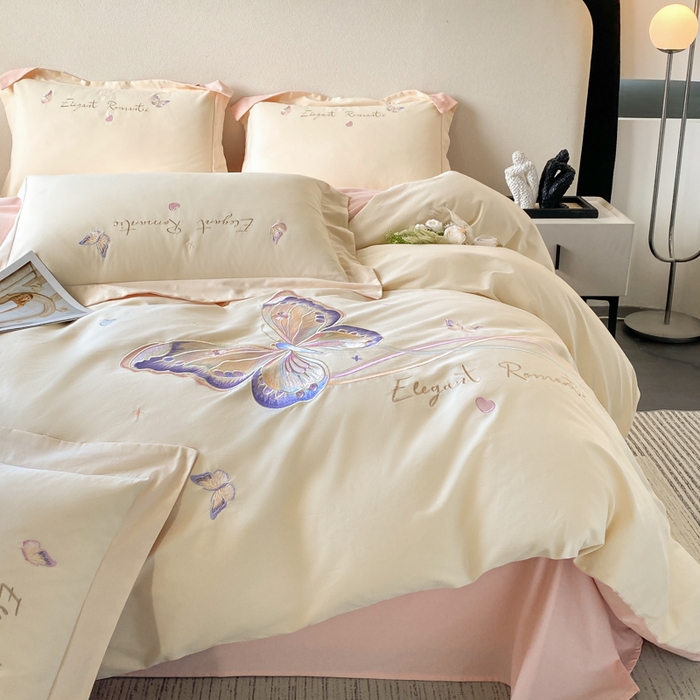 91家纺网 家纺一手货源 找家纺 欣宜家纺 2025新款秋冬纯棉全棉长绒棉磨毛刺绣床上四件套高端礼盒-蝶町系列（含买家秀） 蝶町-白粉