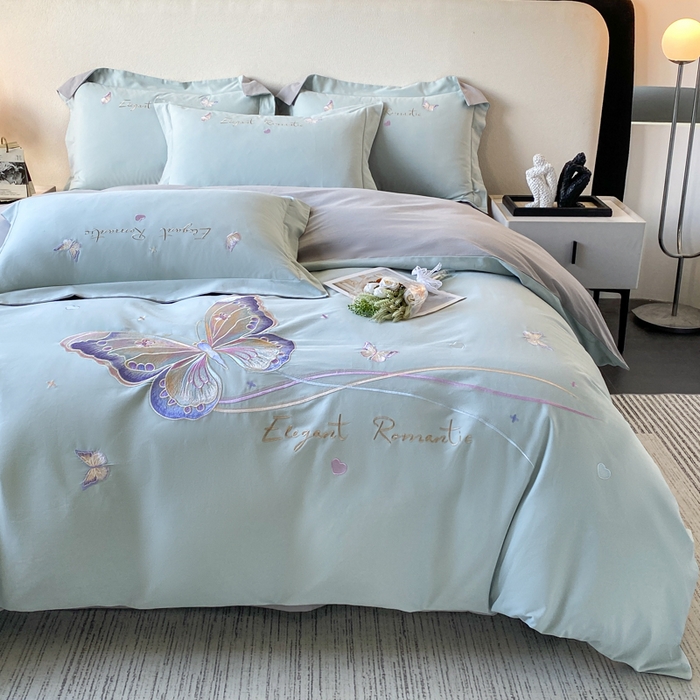 91家纺网 家纺一手货源 找家纺 欣宜家纺 2025新款秋冬纯棉全棉长绒棉磨毛刺绣床上四件套高端礼盒-蝶町系列（含买家秀） 蝶町-飘蓝