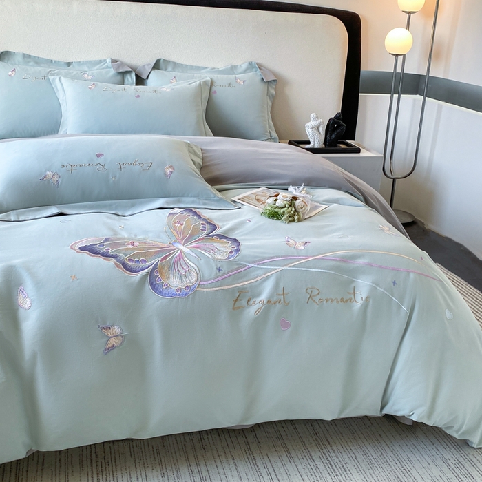 91家纺网 家纺一手货源 找家纺 欣宜家纺 2025新款秋冬纯棉全棉长绒棉磨毛刺绣床上四件套高端礼盒-蝶町系列（含买家秀） 蝶町-飘蓝