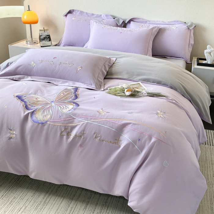 91家纺网 家纺一手货源 找家纺 欣宜家纺 2025新款秋冬纯棉全棉长绒棉磨毛刺绣床上四件套高端礼盒-蝶町系列（含买家秀） 蝶町-香芋紫