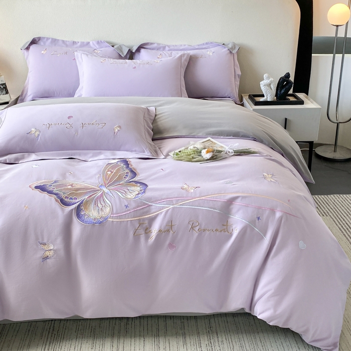 91家纺网 家纺一手货源 找家纺 欣宜家纺 2025新款秋冬纯棉全棉长绒棉磨毛刺绣床上四件套高端礼盒-蝶町系列（含买家秀） 蝶町-香芋紫