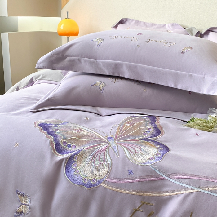 91家纺网 家纺一手货源 找家纺 欣宜家纺 2025新款秋冬纯棉全棉长绒棉磨毛刺绣床上四件套高端礼盒-蝶町系列（含买家秀） 蝶町-香芋紫