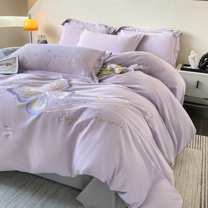 91家纺网 家纺一手货源 找家纺 欣宜家纺 2025新款秋冬纯棉全棉长绒棉磨毛刺绣床上四件套高端礼盒-蝶町系列（含买家秀） 蝶町-香芋紫