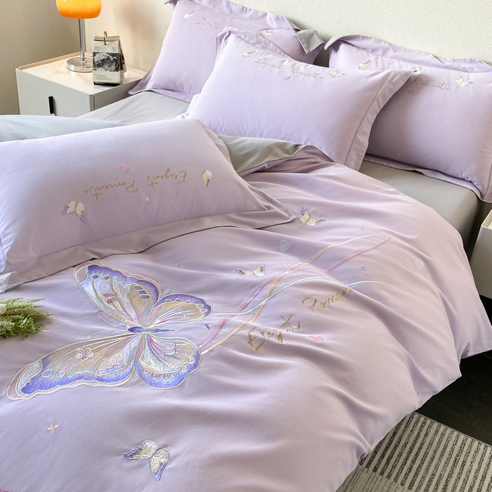 91家纺网 家纺一手货源 找家纺 欣宜家纺 2025新款秋冬纯棉全棉长绒棉磨毛刺绣床上四件套高端礼盒-蝶町系列（含买家秀） 蝶町-香芋紫