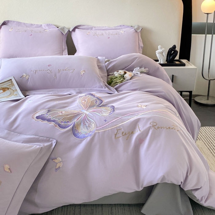 91家纺网 家纺一手货源 找家纺 欣宜家纺 2025新款秋冬纯棉全棉长绒棉磨毛刺绣床上四件套高端礼盒-蝶町系列（含买家秀） 蝶町-香芋紫