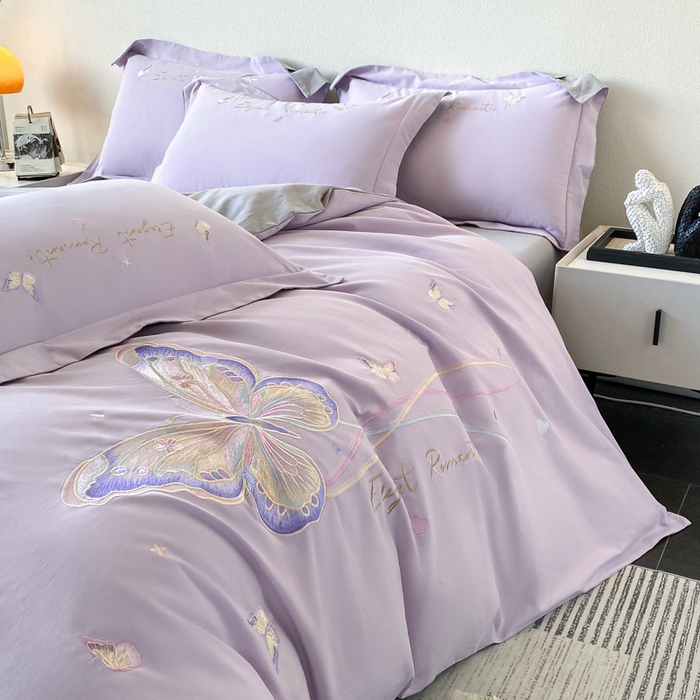 91家纺网 家纺一手货源 找家纺 欣宜家纺 2025新款秋冬纯棉全棉长绒棉磨毛刺绣床上四件套高端礼盒-蝶町系列（含买家秀） 蝶町-香芋紫