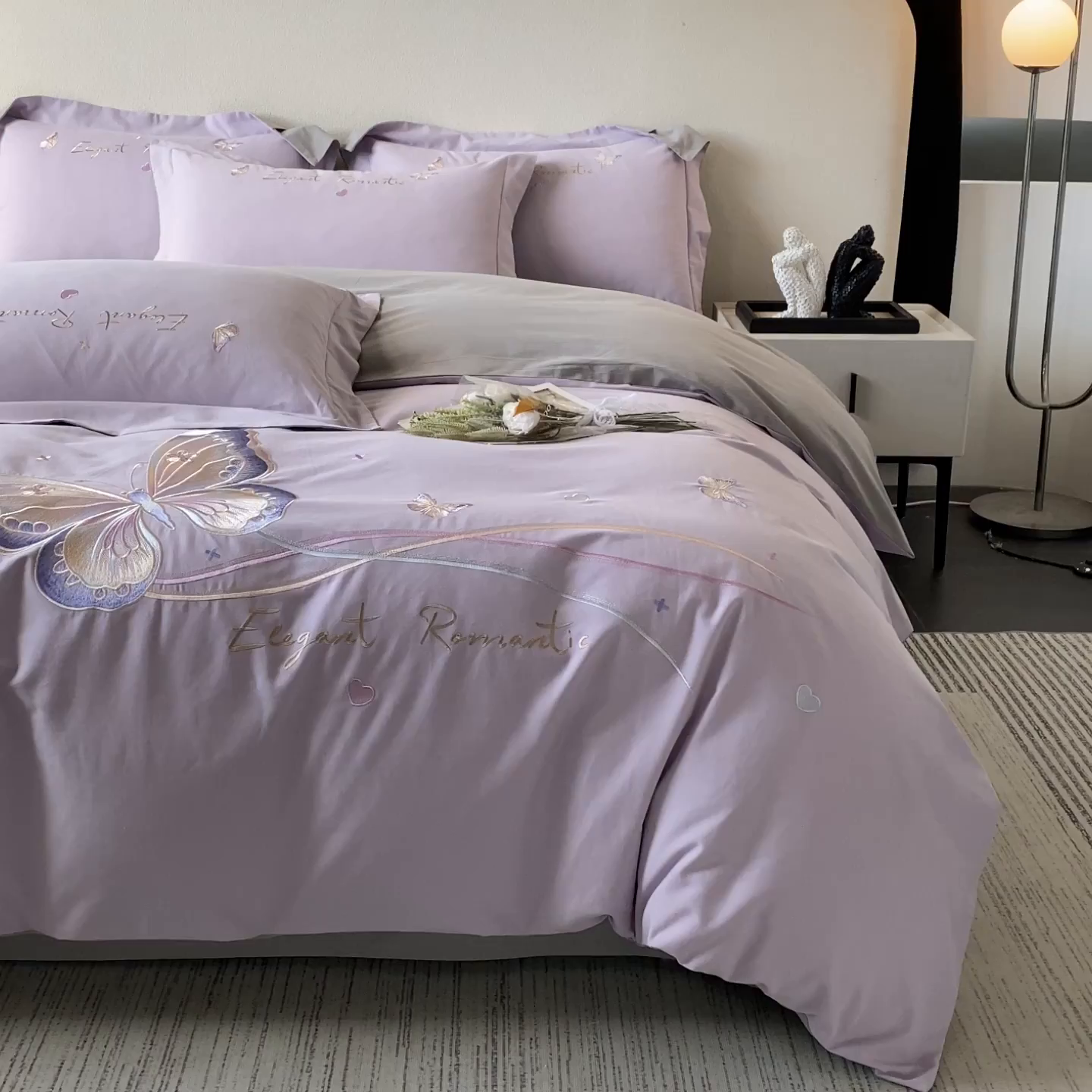 91家纺网 家纺一手货源 找家纺 欣宜家纺 2025新款秋冬纯棉全棉长绒棉磨毛刺绣床上四件套高端礼盒-蝶町系列（含买家秀） 蝶町-香芋紫